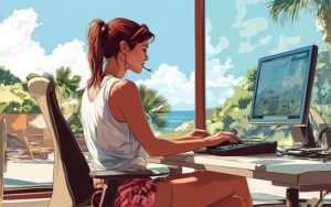 An AI-generated image of a female freelancer working at a laptop in a lush outdoor setting, surrounded by greenery, with notebooks and a cup of coffee nearby, illustrating the freedom and flexibility of freelancing.