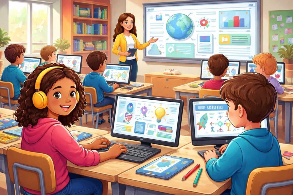 Students using computers in a digital classroom for online learning, research, and smart education tools.