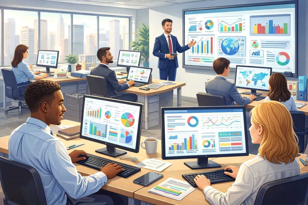 Office professionals working on desktop computers analyzing reports, data charts, and business dashboards.