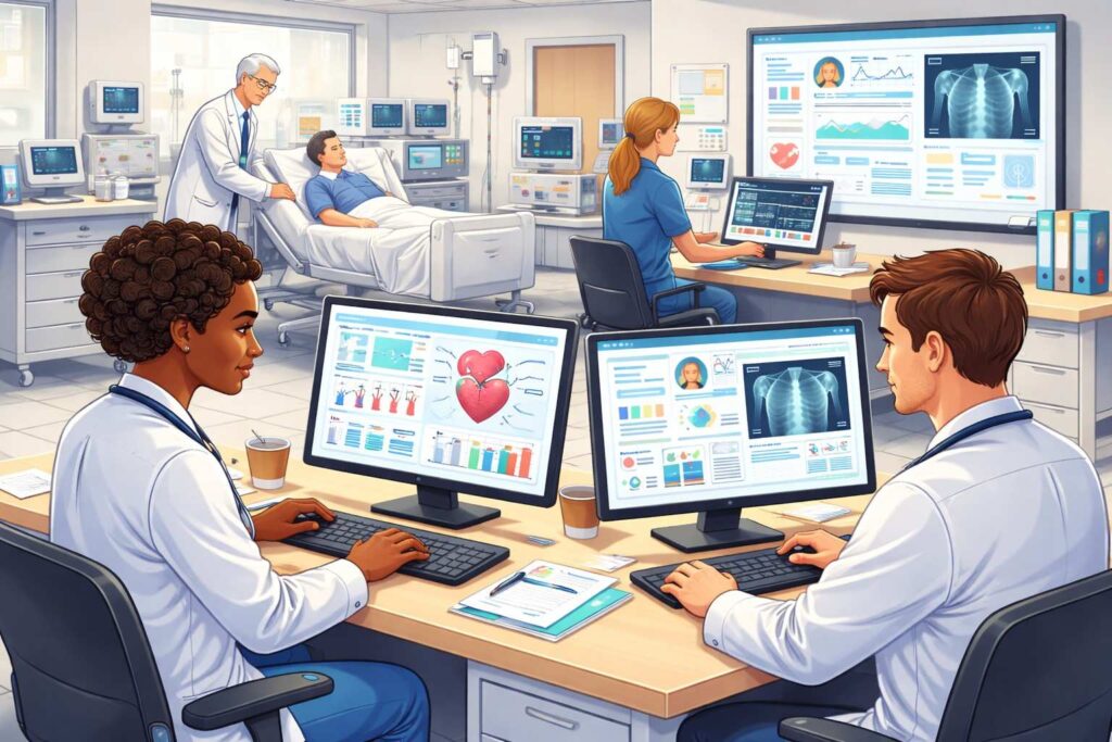 Doctors using computers in a hospital to check patient records and heart-related medical data.