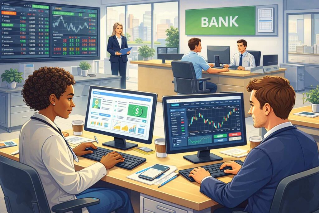 Bank employees using computers to manage financial transactions, customer accounts, and banking software.