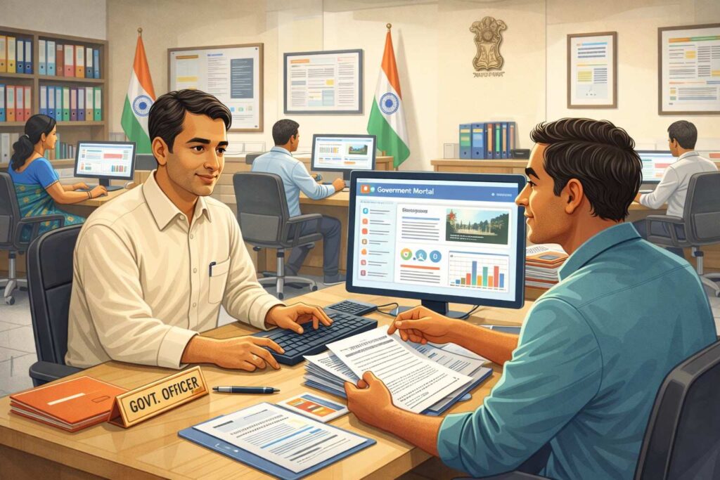 Indian government officer using a computer to check documents while assisting a citizen at an official office desk.