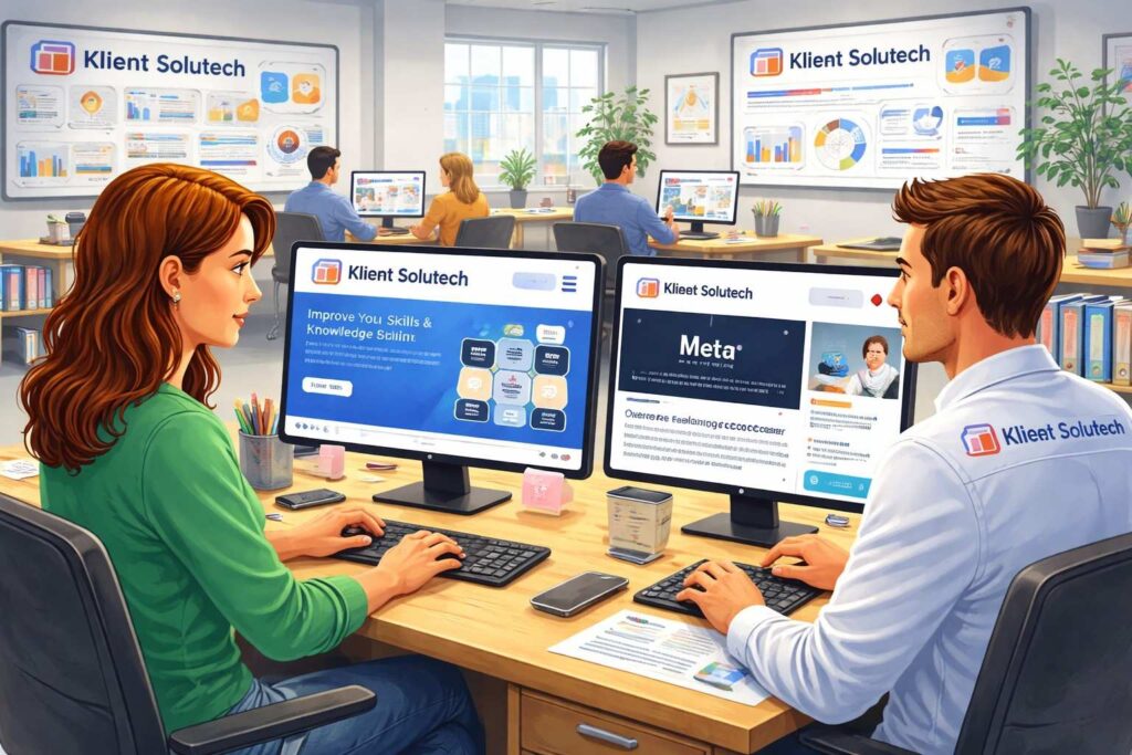Marketing professionals using computers to manage Meta ads, Google ads, and website analytics in an agency office.