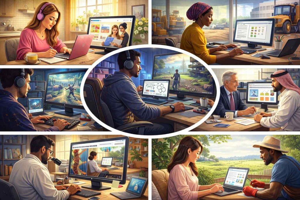 Different people worldwide using computers for learning, business, communication, gaming, and creative work.