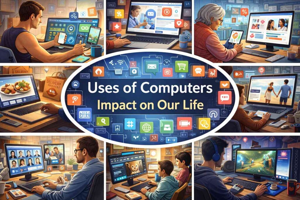 People using computers and devices for fitness, shopping, video calls, gaming, online work, and digital services.