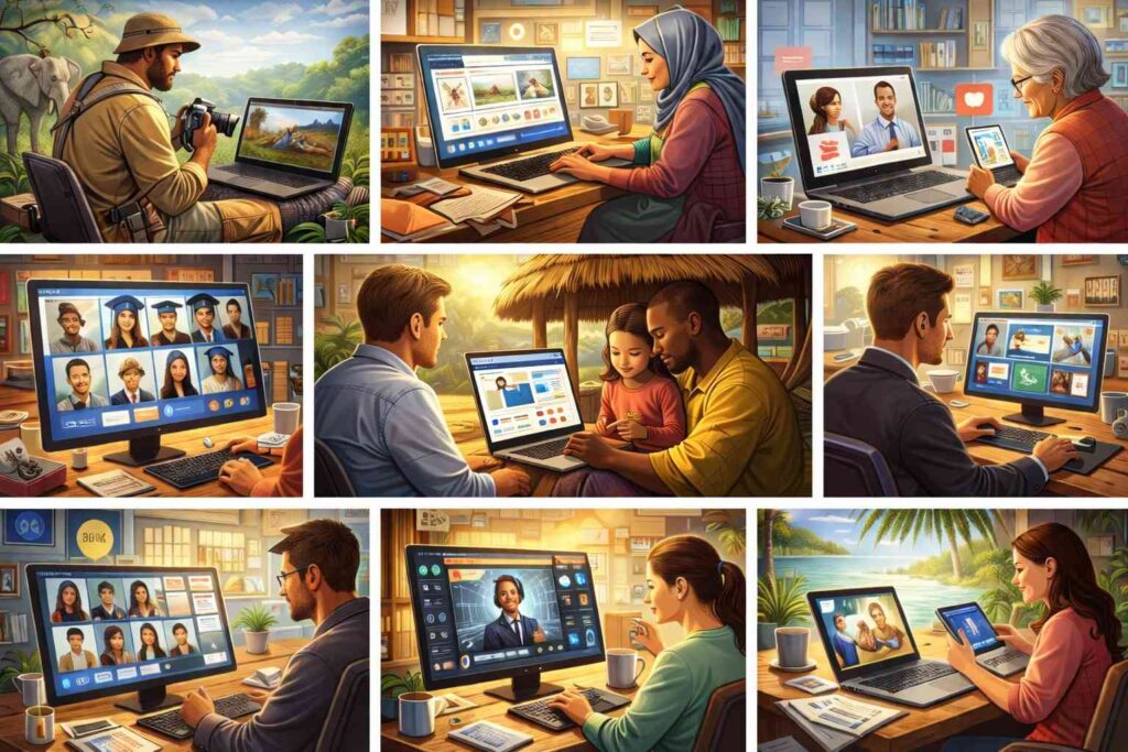 People using computers for education, healthcare, business growth, remote work, and global communication.