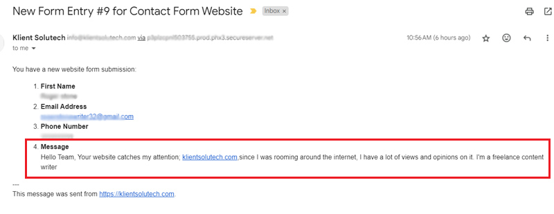 Screenshot showing a contact form on a website with the message from a freelance writer.