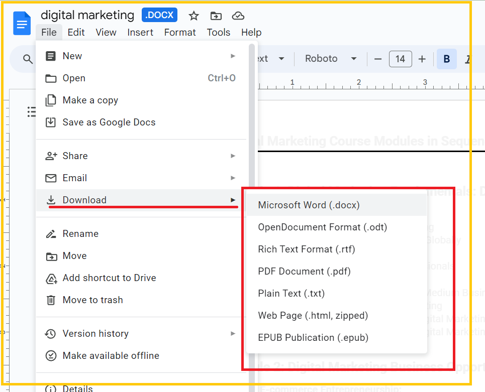 Screenshot option higlighted for downloading google docs files in various formats. 
