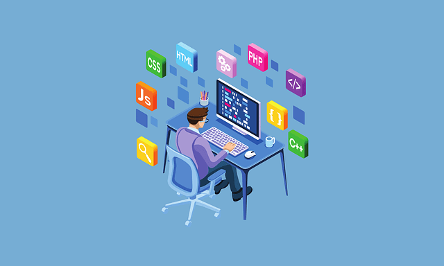 html, css, js, php, c++ icon and person working on computer and creating website - illustration