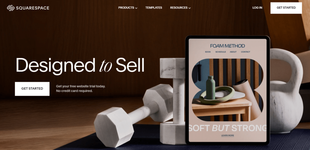 Squarespace Website builder home page screenshot with tag line - Designed to Sell