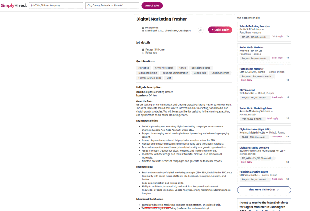 This is 2nd sample screenshot of a job description captured on simiplyhired used to illustrate whether a degree is required for a job in digital marketing for fresher. 