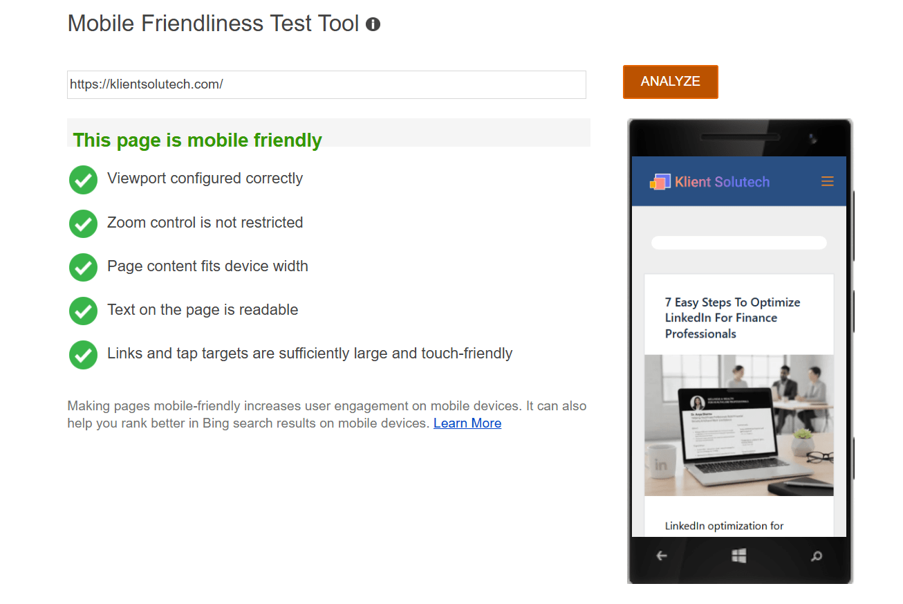 Bing Mobile Friendliness Test showing how a website performs on mobile devices.