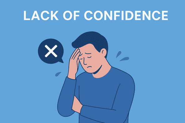 A freelancer sitting in deep thought, overcoming self-doubt and building confidence by focusing on growth and progress in their work