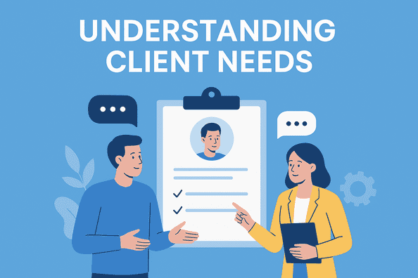 A freelancer actively listening to a client, asking questions, and taking notes to clearly understand project goals and deliver the right results