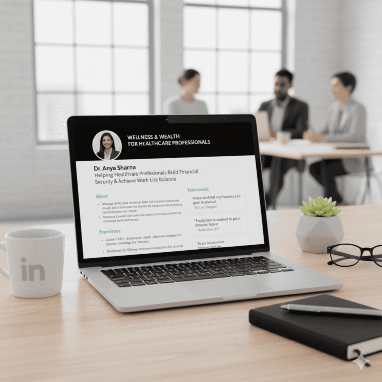 A laptop displaying a LinkedIn profile example for a finance professional, showing how to highlight expertise and client testimonials in a business meeting setting.