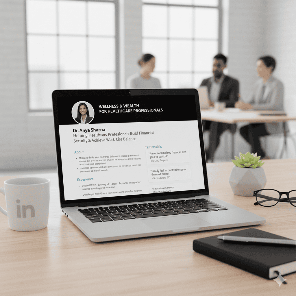 A laptop displaying a LinkedIn profile example for a finance professional, showing how to highlight expertise and client testimonials in a business meeting setting.