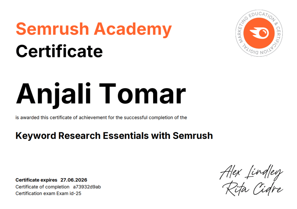 Semrush Academy certificate to learn keyword research.