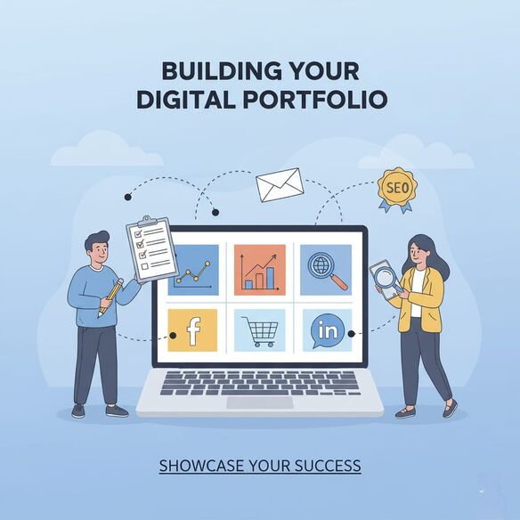 A focused freelancer creating sample projects and organizing a portfolio to showcase skills and attract clients