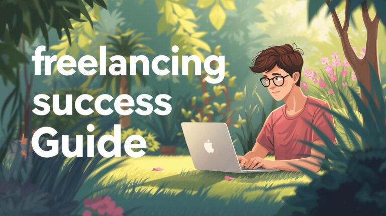 freelancing success guide, also include one fictional freelancer image (age 25 to 30) working on laptop in garden